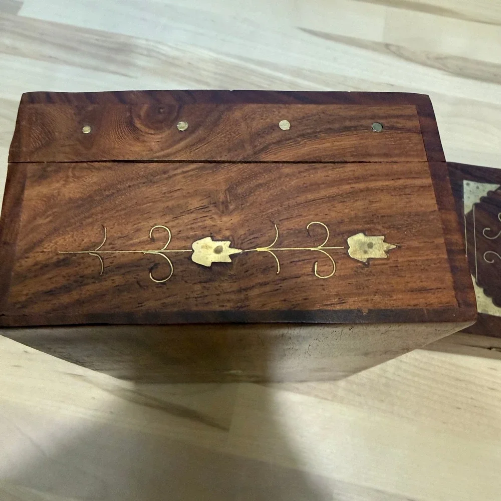 Vintage Wooden Brass Inlaid Boho Hinged Velvet Lined Trinket Boxes Lot of 2